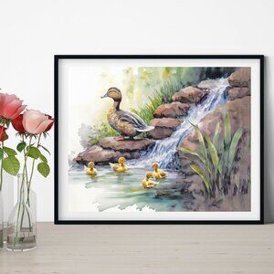 8x10 Duck Family Waterfall Watercolor Oil Painting Art Print